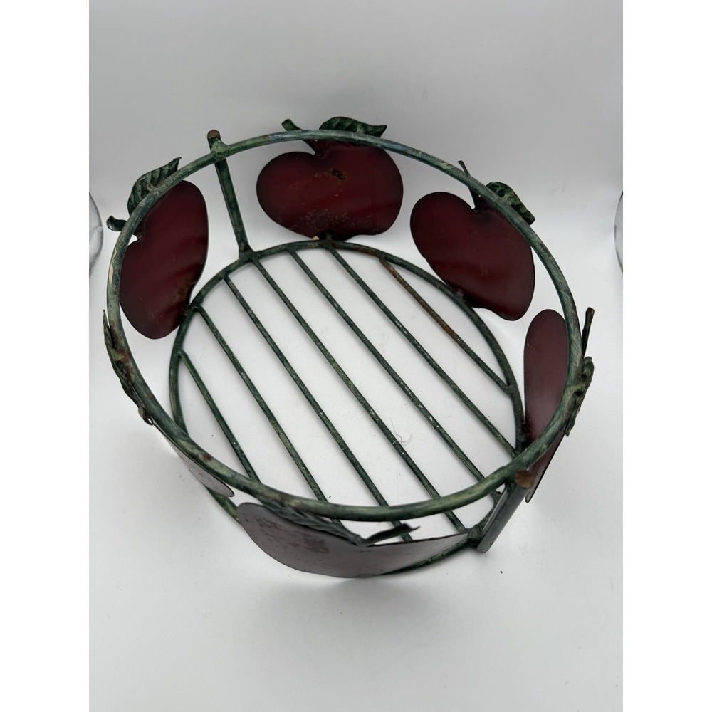 Vintage Metal Apple Fruit Basket Red Green Farmhouse Kitchen Counter Decor